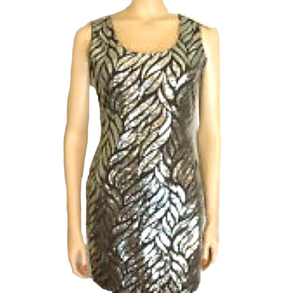 En Creme | S | Silver Sequin Mini Dress Metallic Sleeveless Sheath Jersey Shift